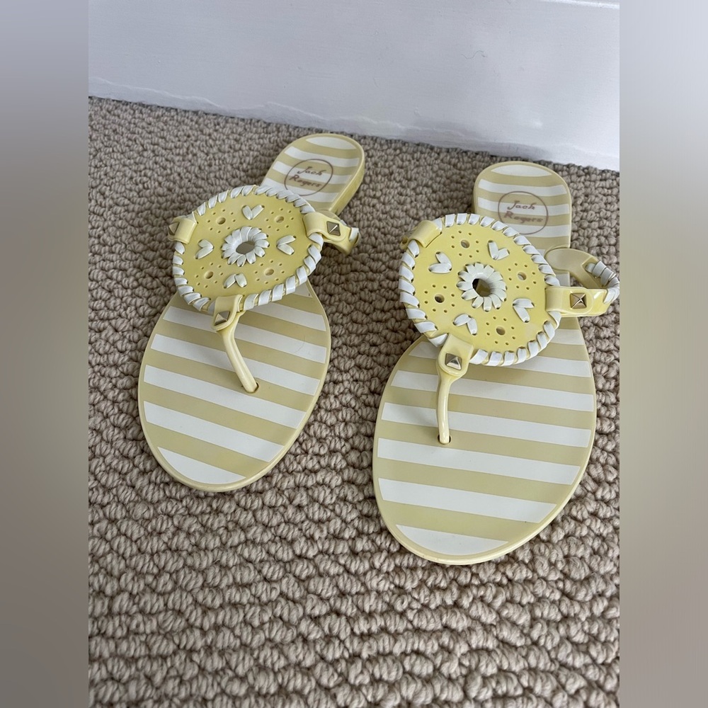 Jack Rogers, Sz 8, Summer Gel Jelly Sandals Yellow/White Stripes and Stitching